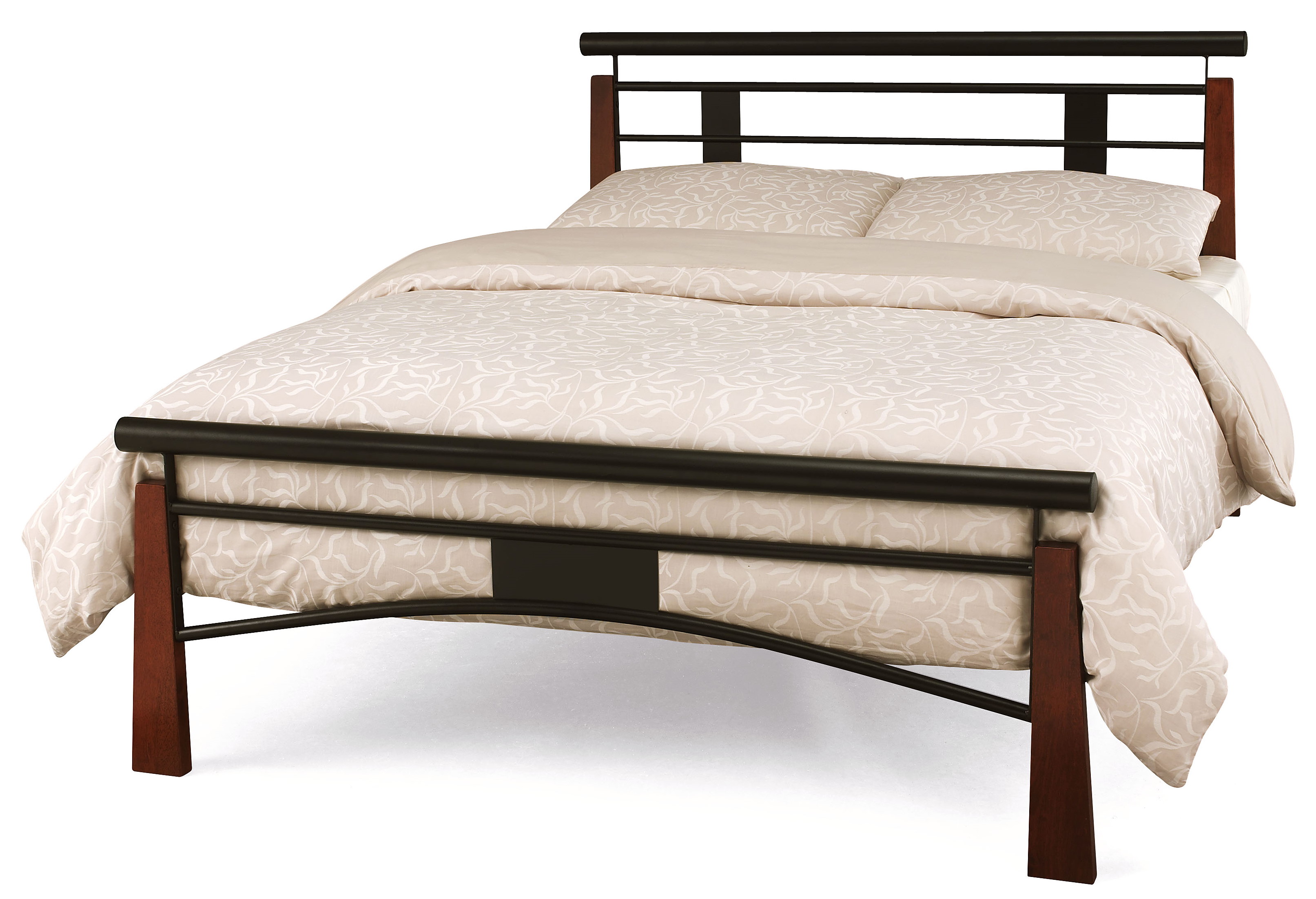 4ft6 Dark Wood And Black Metal Bed, Double Metal Bed Frame With Wooden Slats