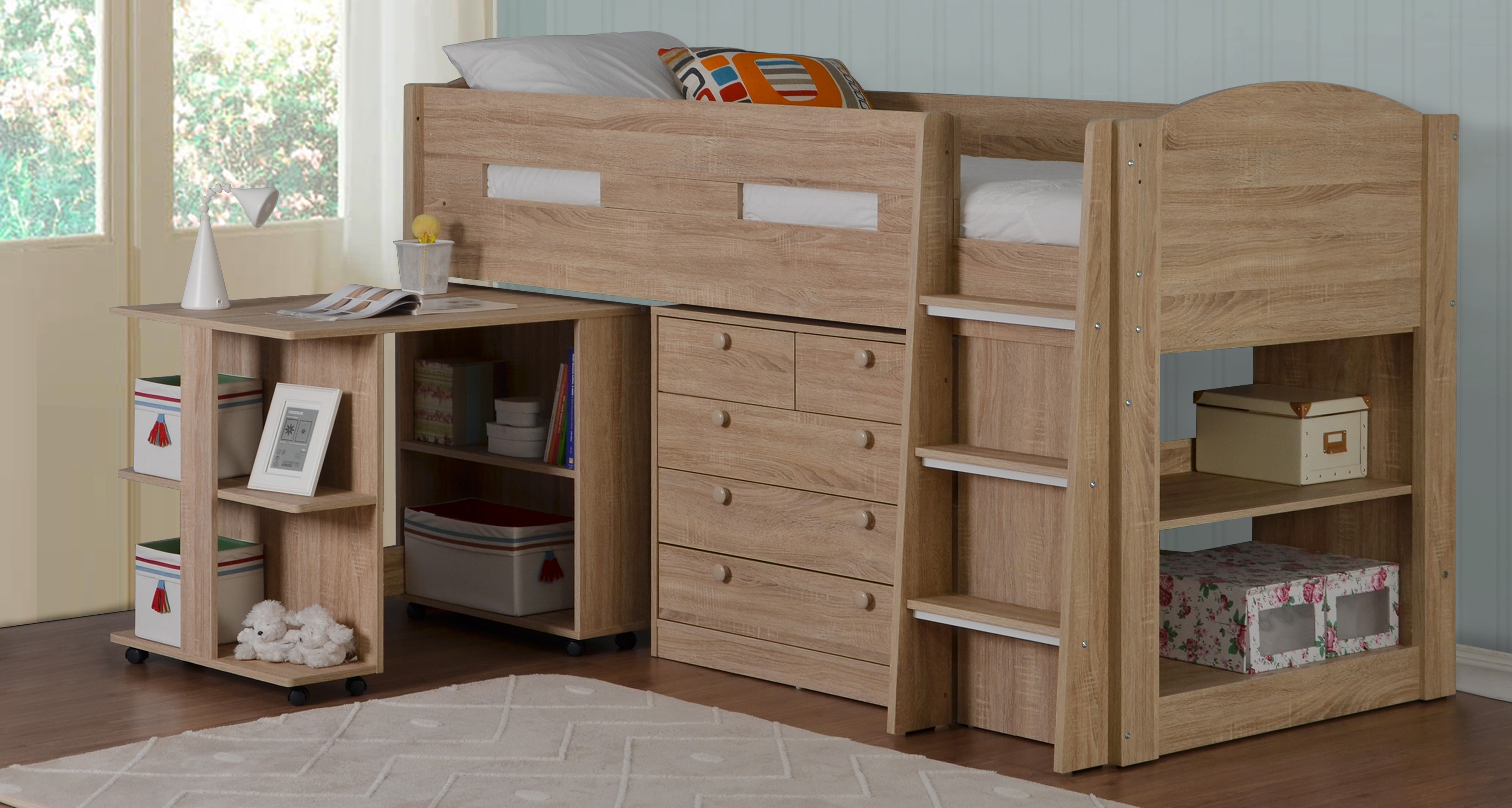 Frank Oak Wood Finish Captains Mid, Kid Bed Frame With Drawers