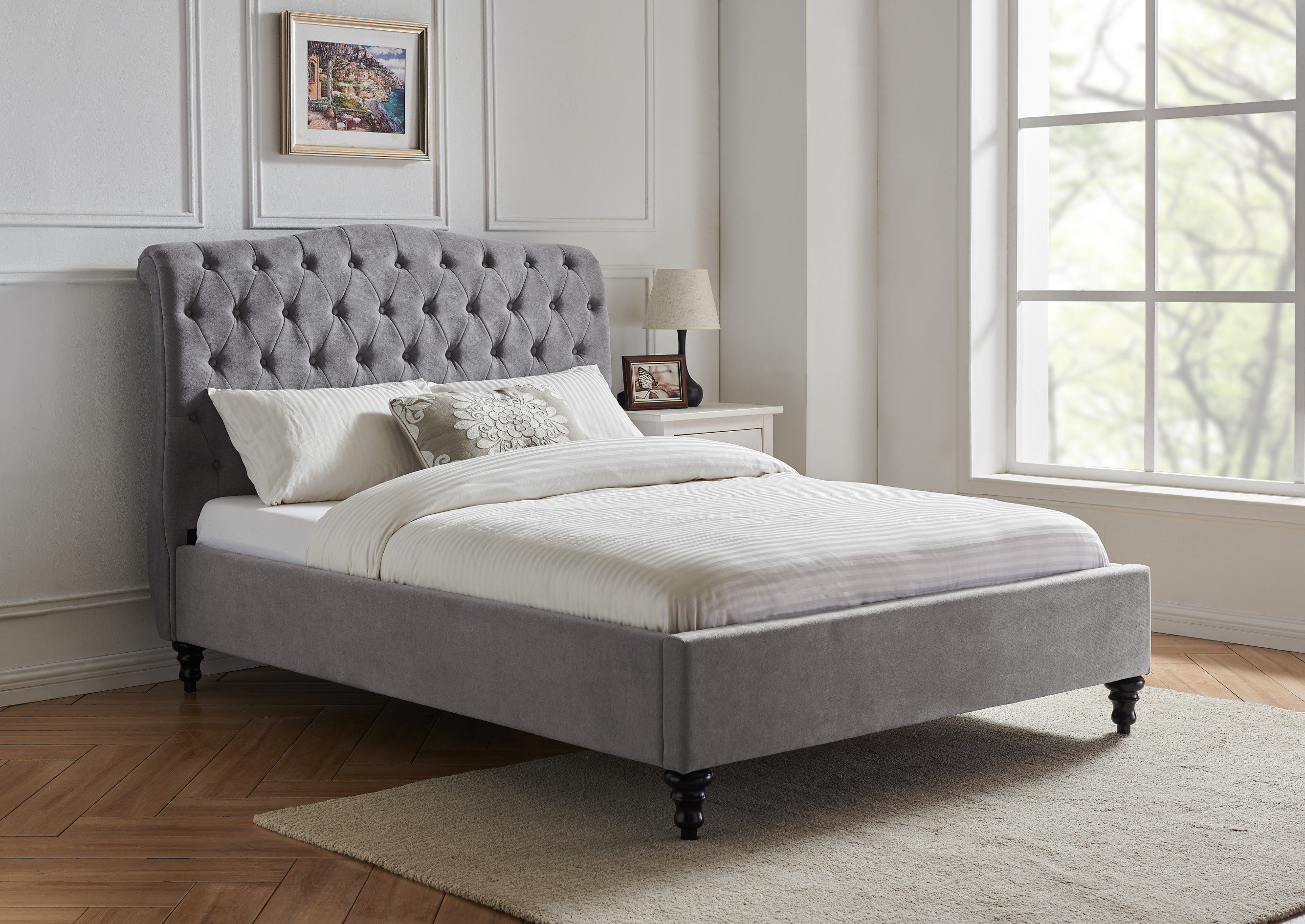 4ft6 Double Roz Light Grey Fabric, Grey Fabric Upholstered Bed Frame