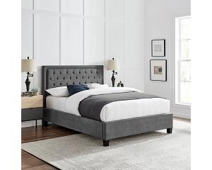 5ft King Size Raya Button back, grey fabric upholstered bed frame. Soft velvet bedstead