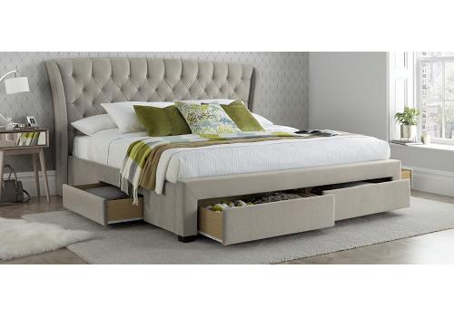 4ft6 Double Curved,buttoned,tall head end. Natural stone fabric upholstered drawer storage bed 1