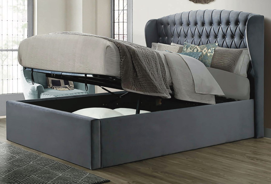 4ft6 Double Velvet Grey Ottoman Fabric, Lift Up Bed Frame With Storage